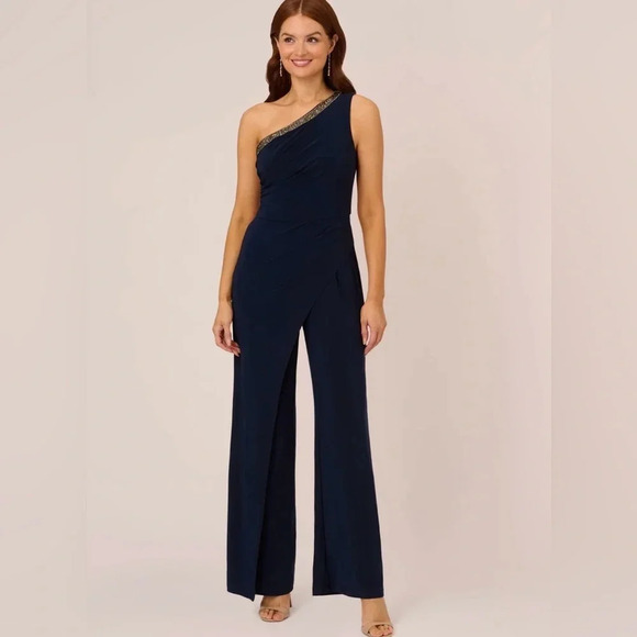 ADRIANNA PAPELL BEADED ONE-SHOULDER MATTE JERSEY JUMPSUIT - Picture 1 of 2